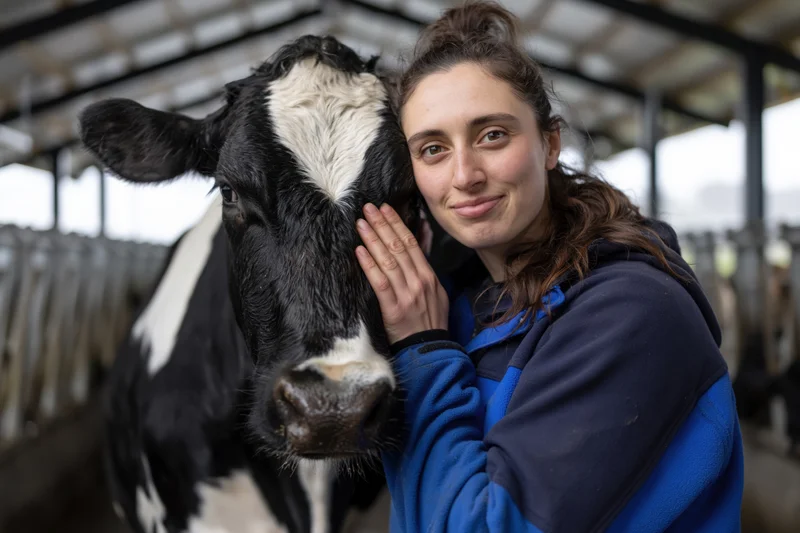 Woman farmer gently touching holstein cow's face in barn shelter