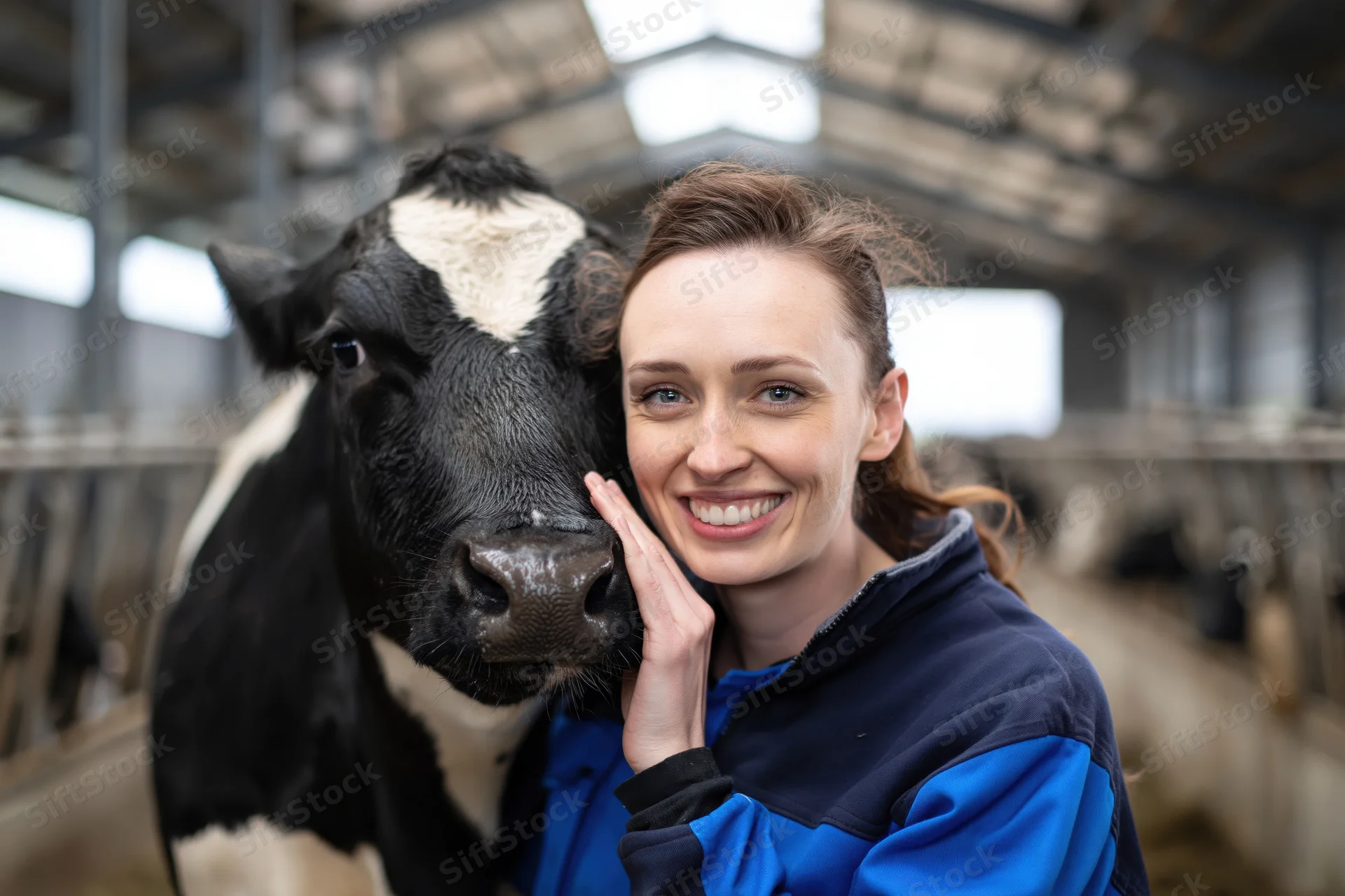 Young female farmer affectionately holding the face of a Holstein