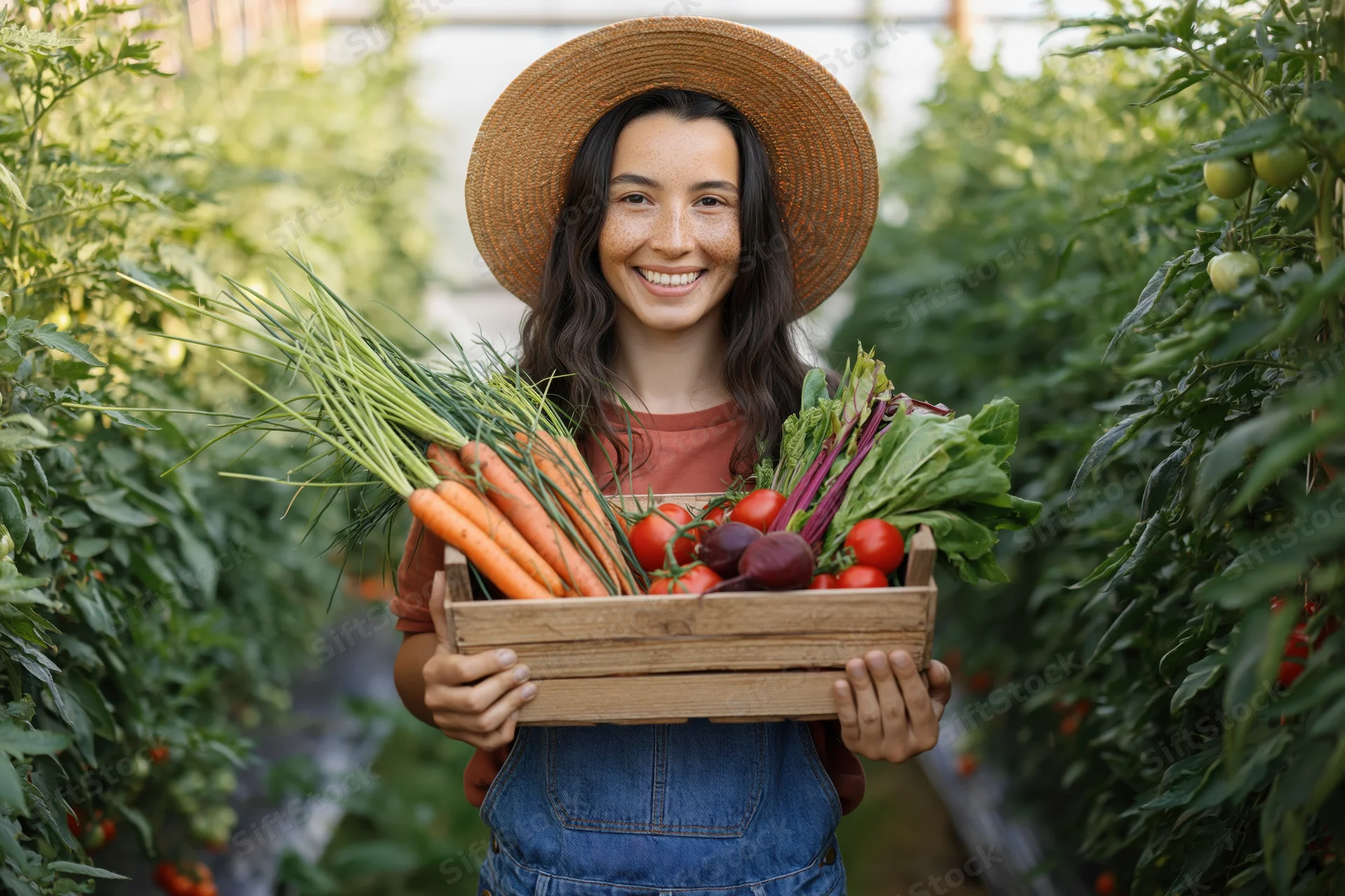 Young woman farmer smiling while holding wooden crate of fresh vegetables in greenhouse garden