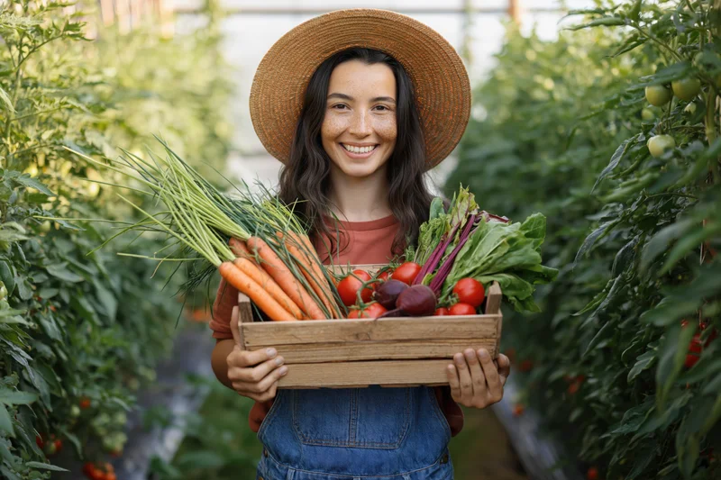 Young woman farmer smiling while holding wooden crate of fresh vegetables in greenhouse garden