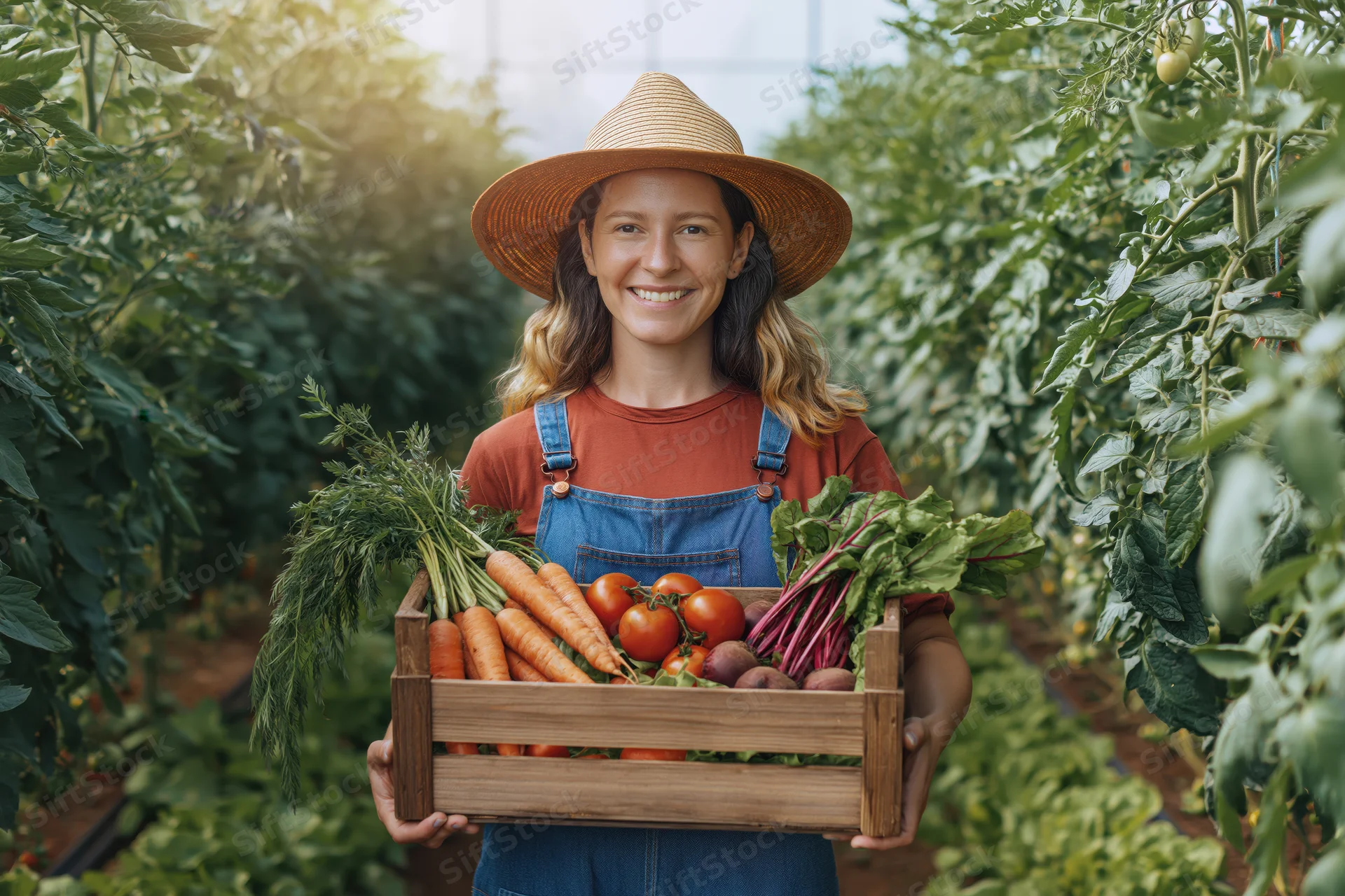 Young woman farmer smiling while holding wooden crate of fresh vegetables in greenhouse