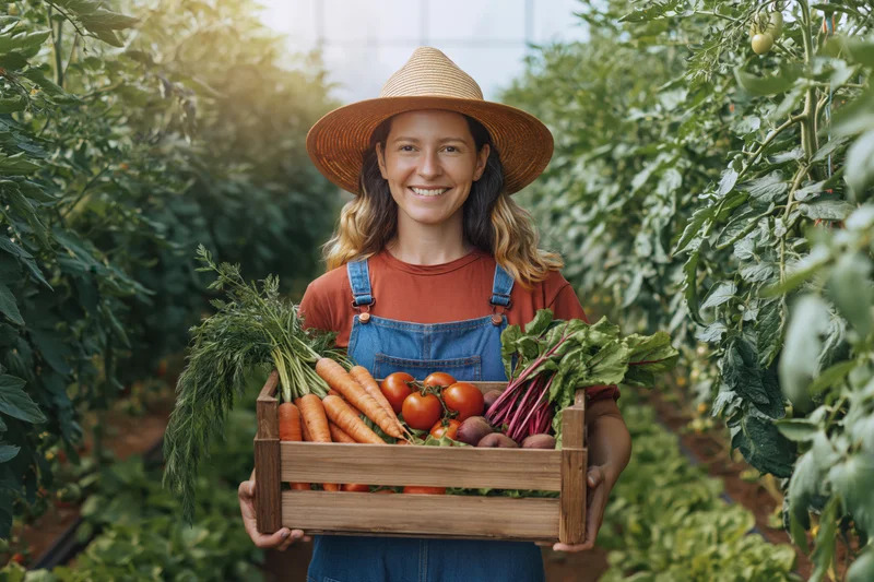 Young woman farmer smiling while holding wooden crate of fresh vegetables in greenhouse