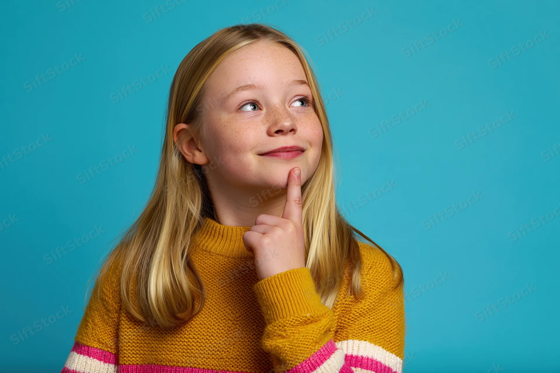 Young girl with long blonde hair thinking, hand on chin, against blue background