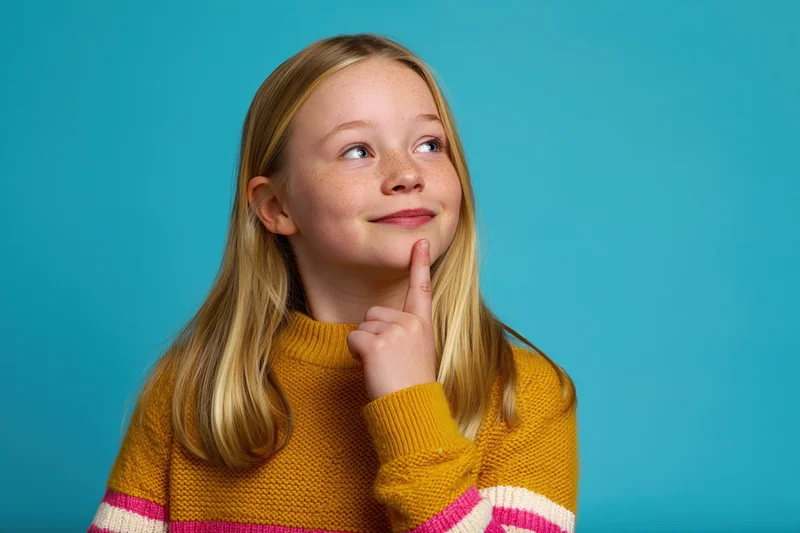 Young girl with long blonde hair thinking, hand on chin, against blue background