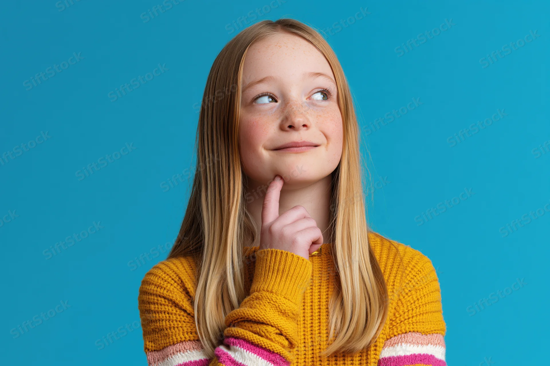 Young girl with long blonde hair thinking with finger on chin against blue background