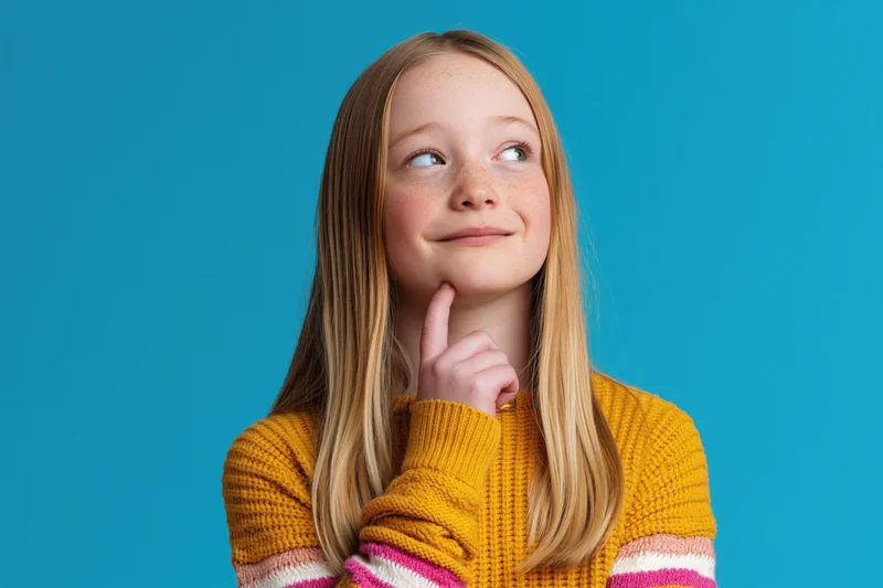 Young girl with long blonde hair thinking with finger on chin against blue background