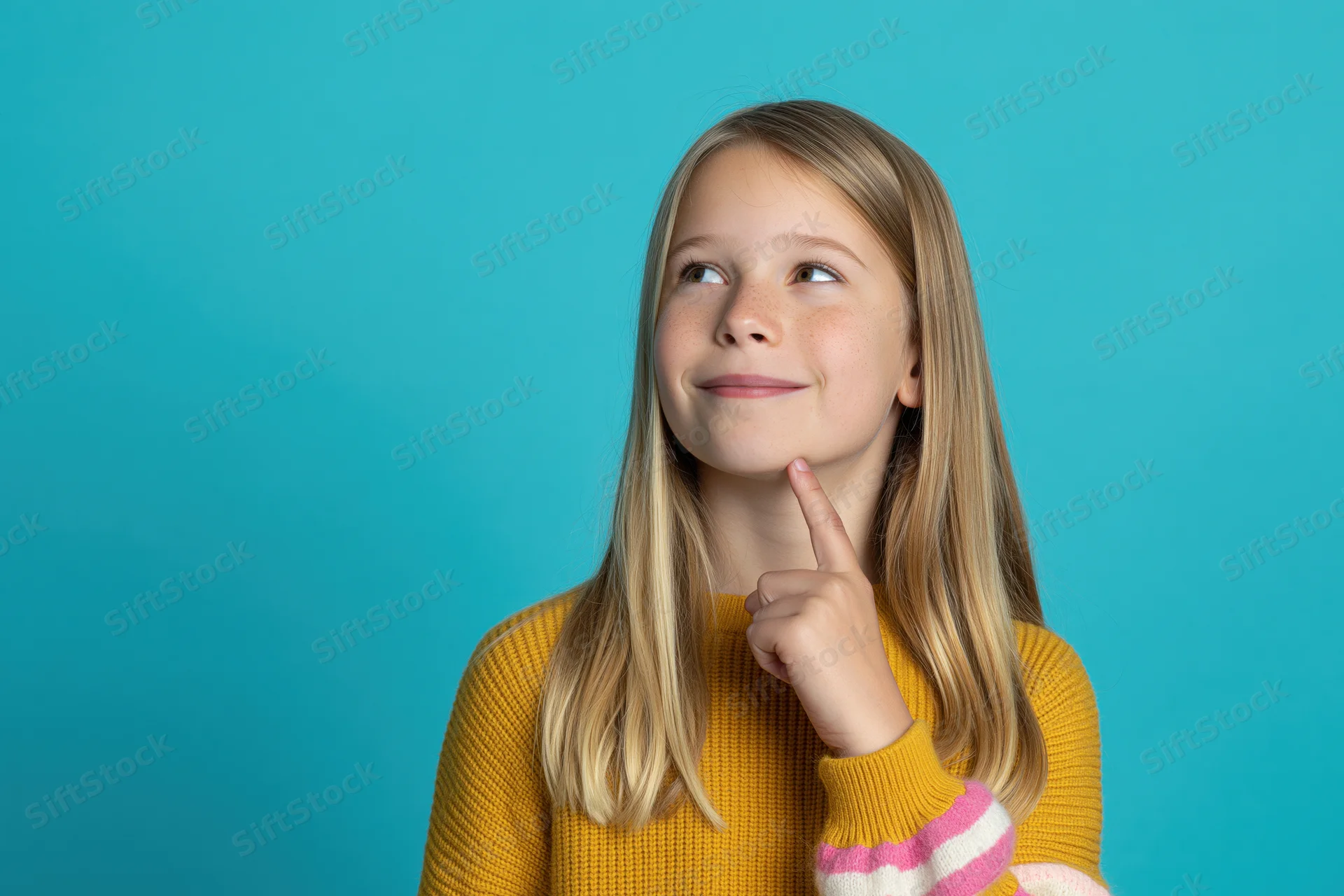 Young girl with long blonde hair thinking with finger on chin against blue background