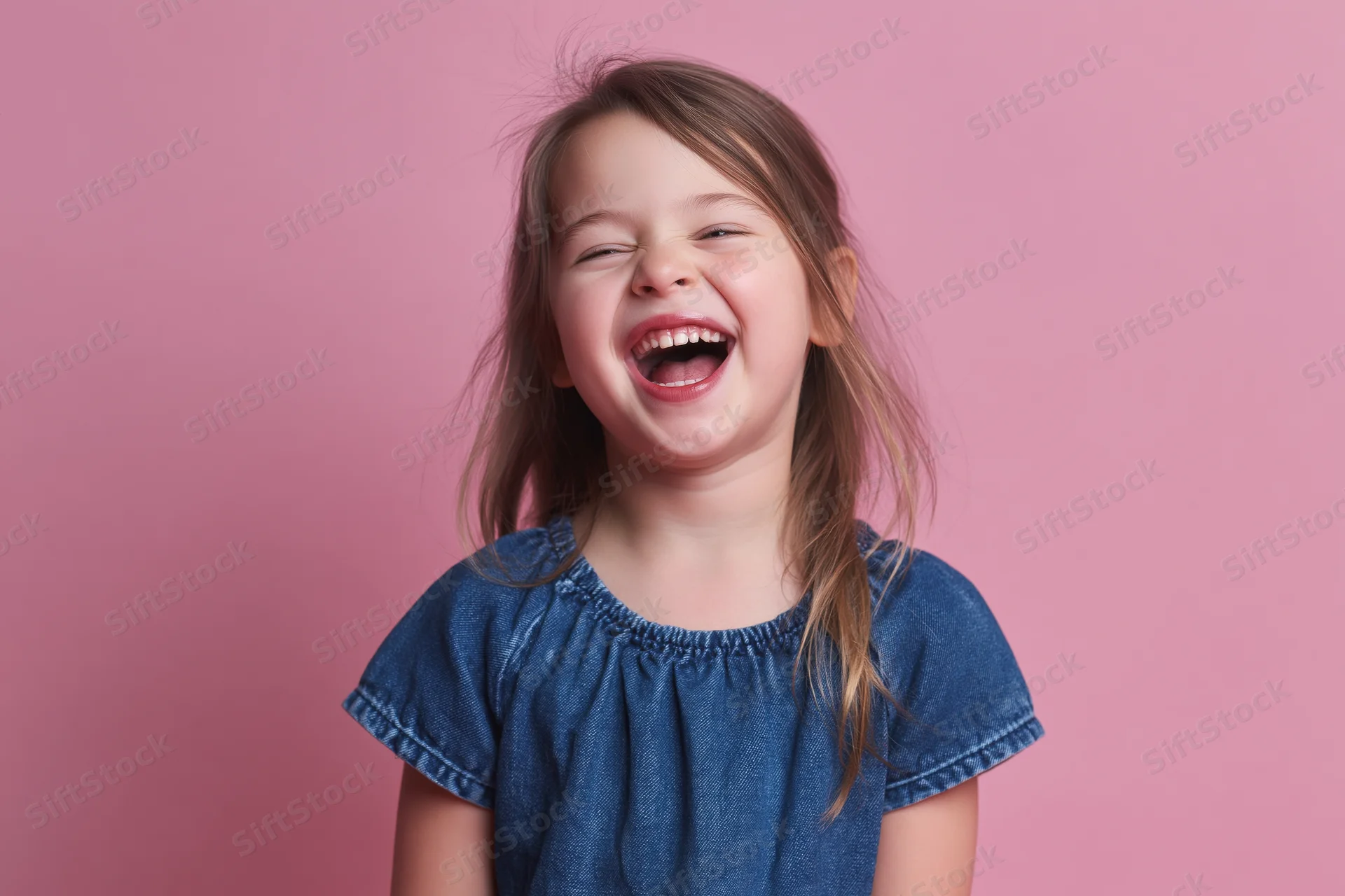Young girl laughing with wide open mouth against pink background