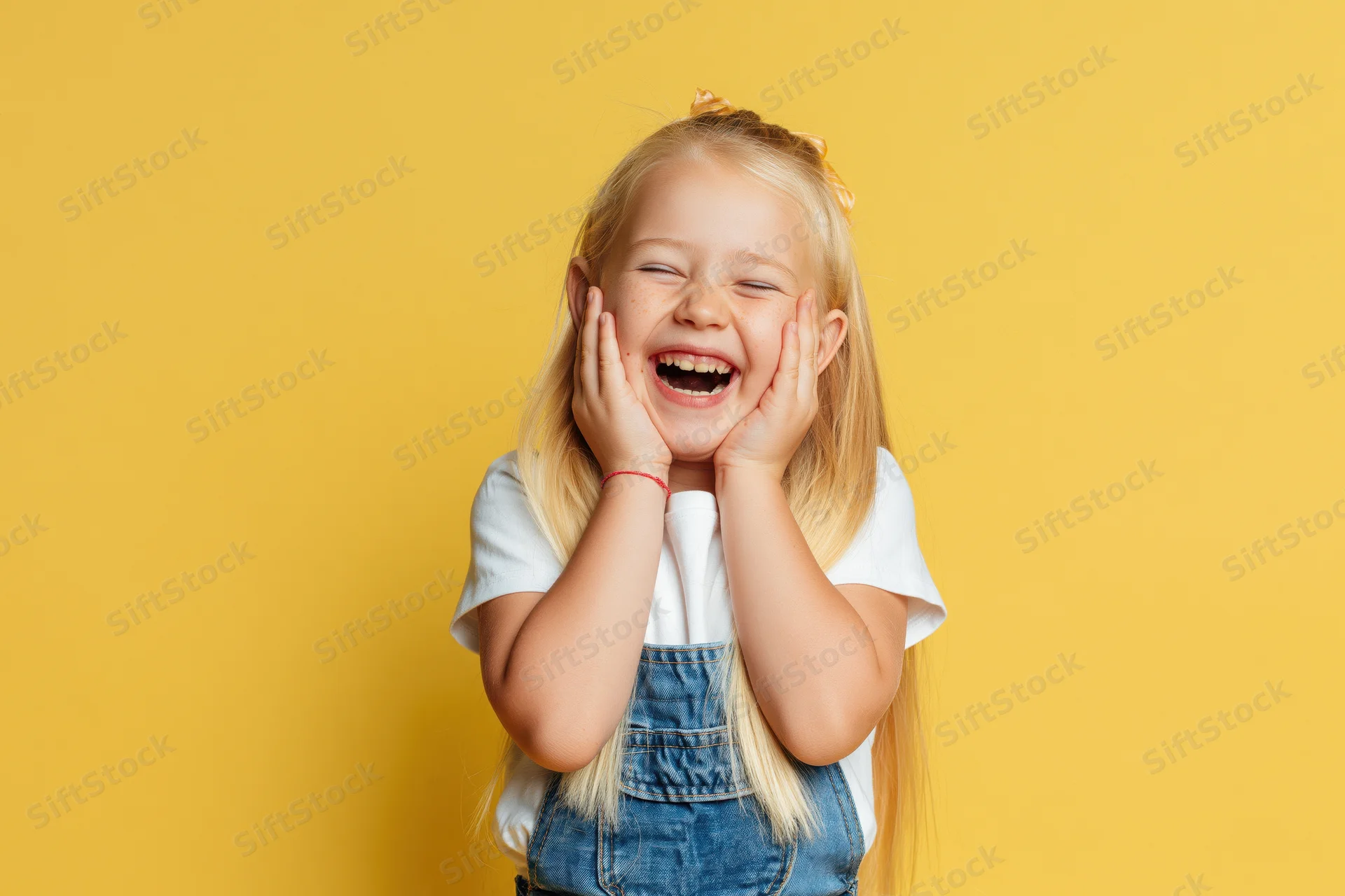 Young girl laughing with hands framing her face against yellow background