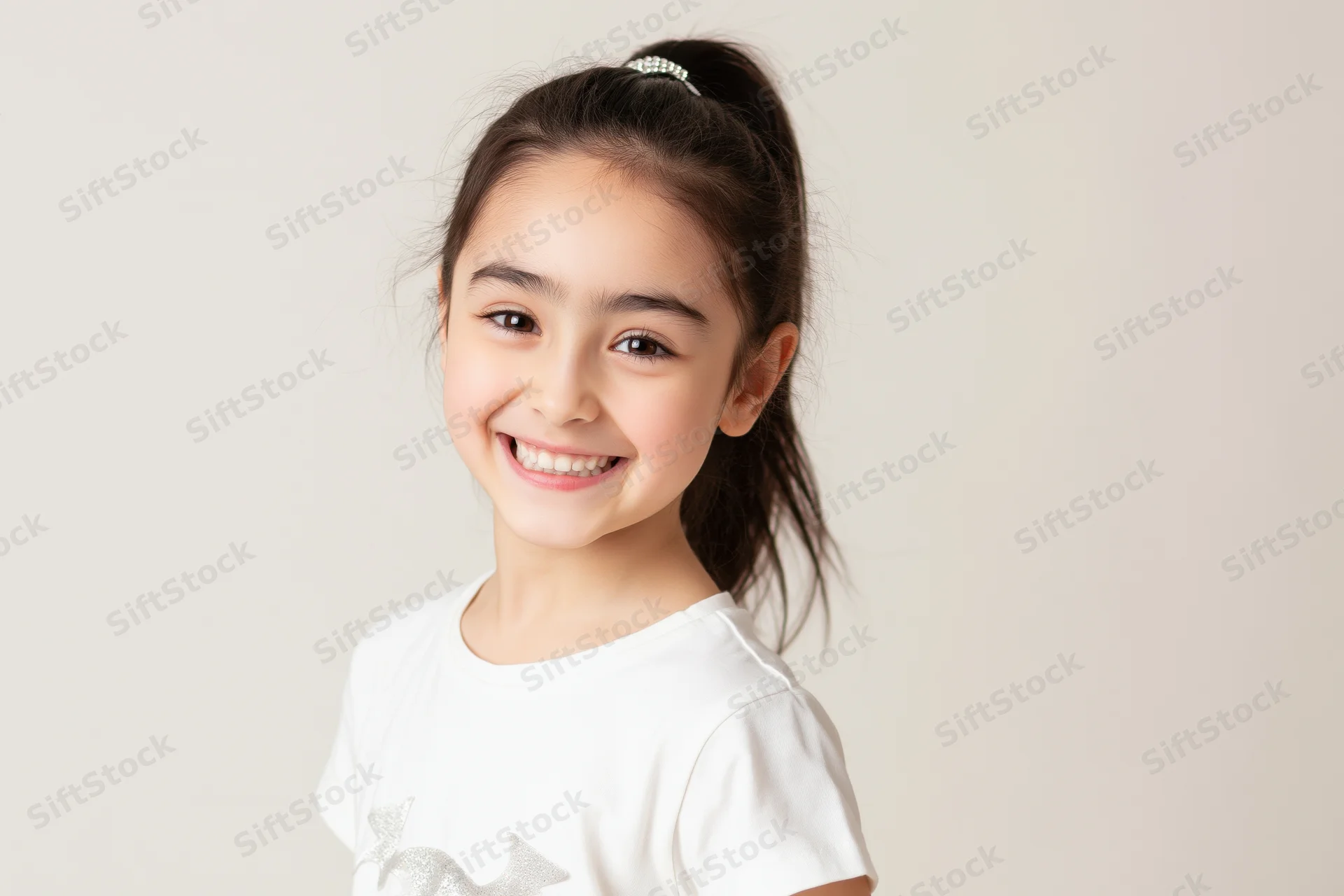 Young girl smiling widely at the camera in a white tshirt with a ponytail against a plain background