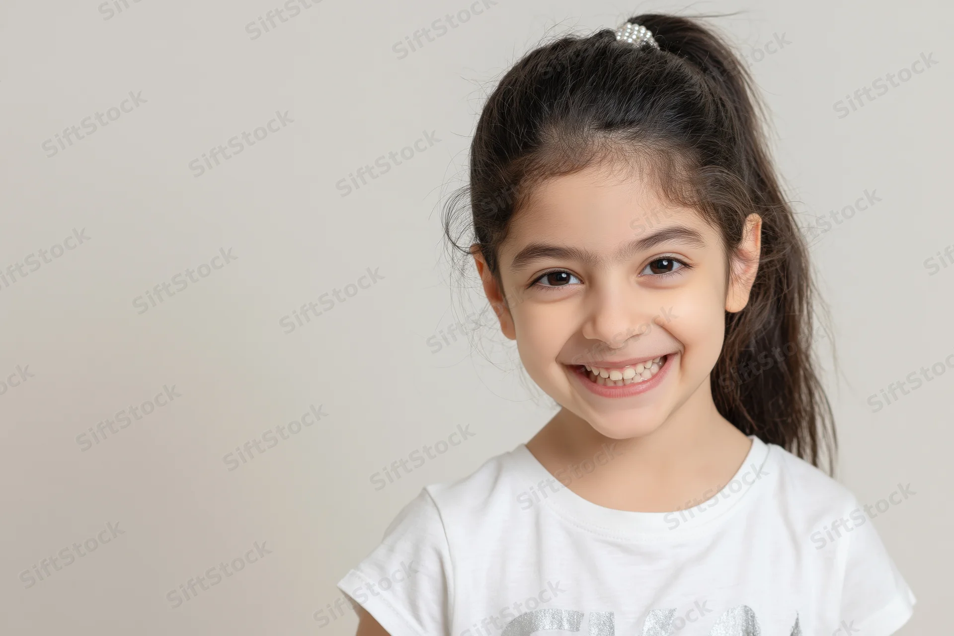 Young girl smiling widely at the camera in a studio portrait with copyspace on the left
