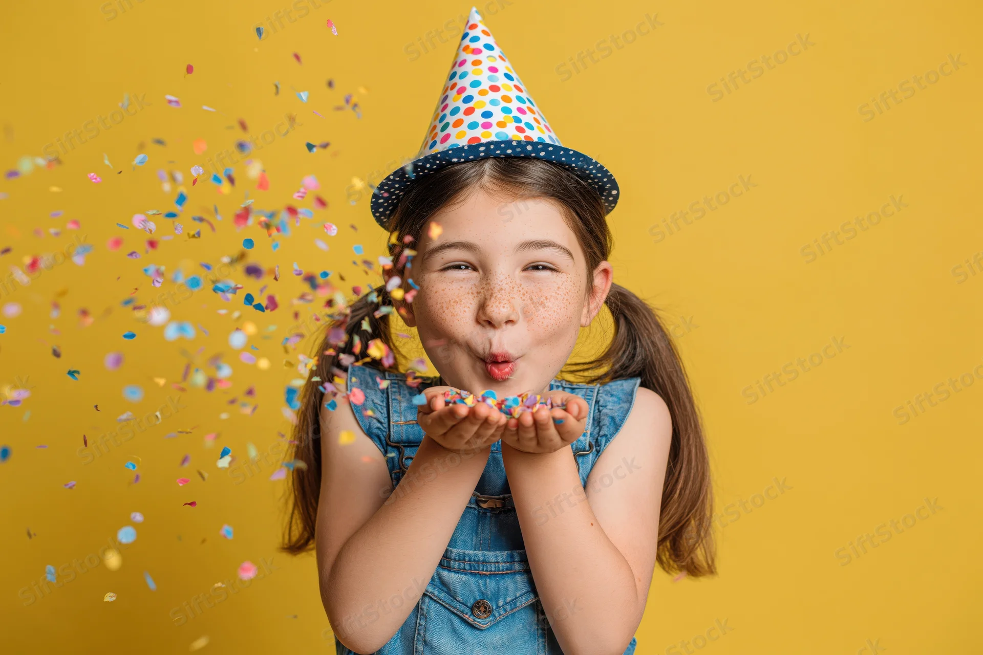 Young girl blowing confetti from her hands while wearing a polka-dot party hat against a yellow background