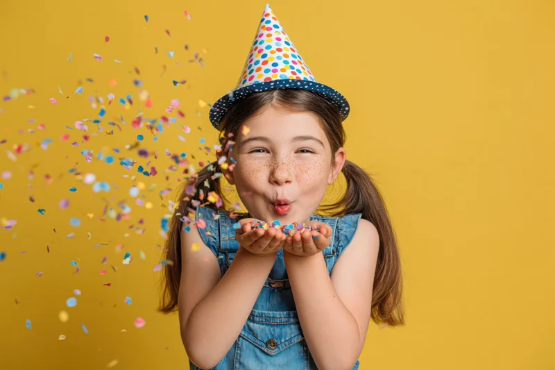 Young girl blowing confetti from her hands while wearing a polka-dot party hat against a yellow background