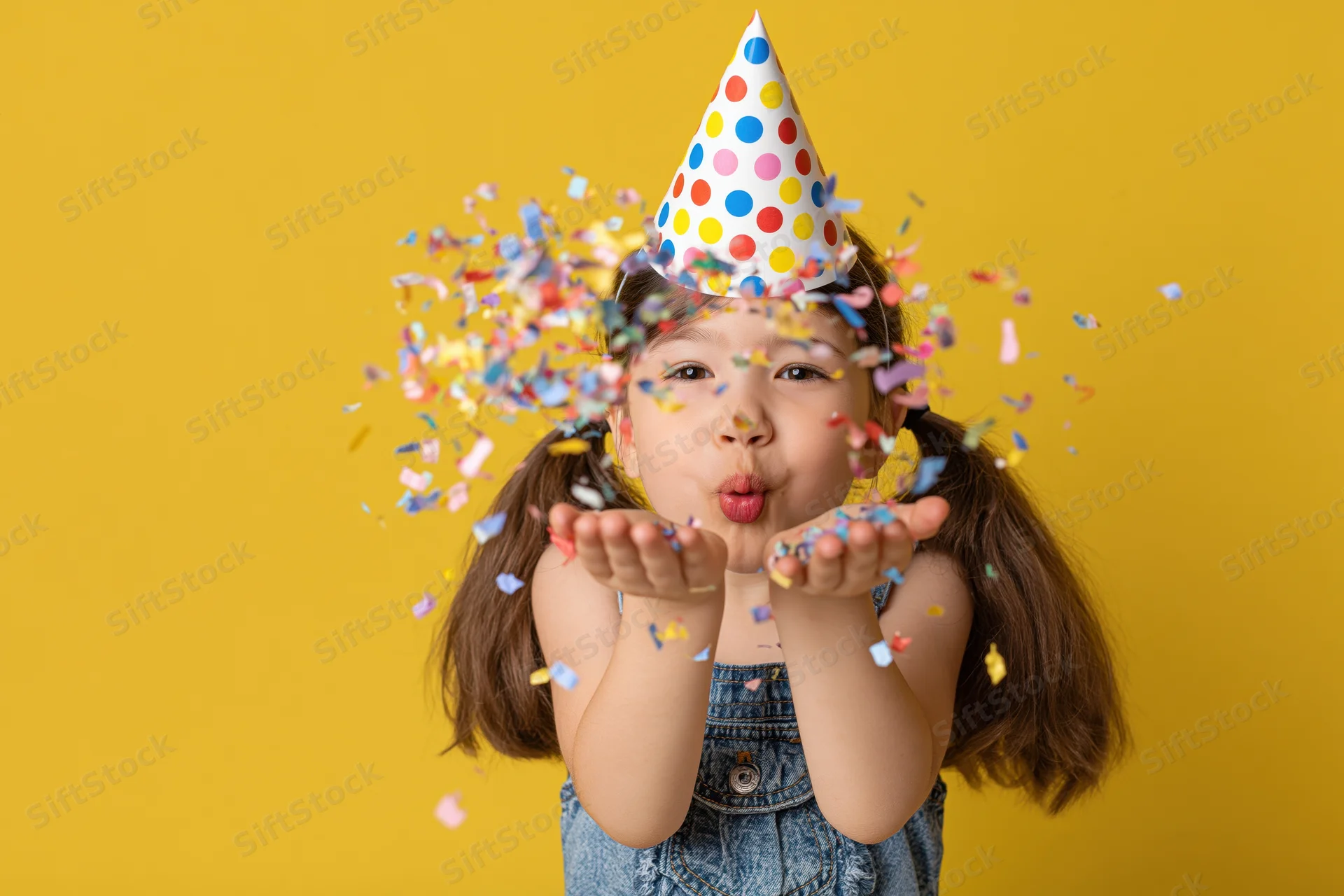 Young girl blowing confetti from her hands while wearing a polka-dot party hat against a yellow background