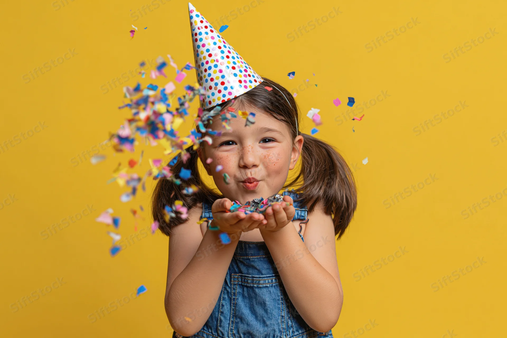 Young girl blowing confetti from her hands while wearing a polka-dot party hat against a yellow background