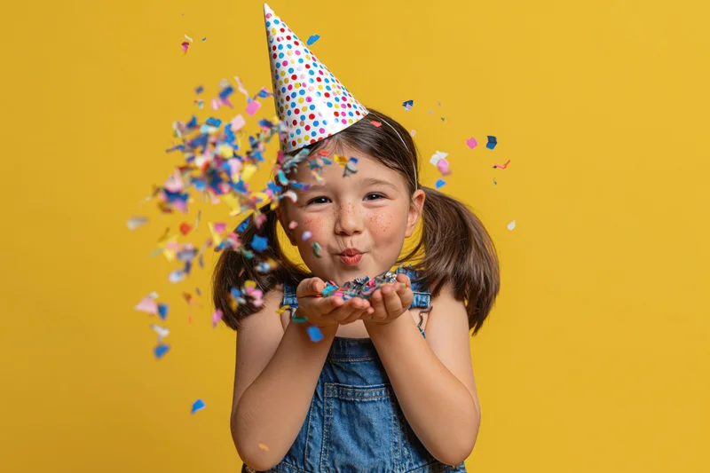 Young girl blowing confetti from her hands while wearing a polka-dot party hat against a yellow background