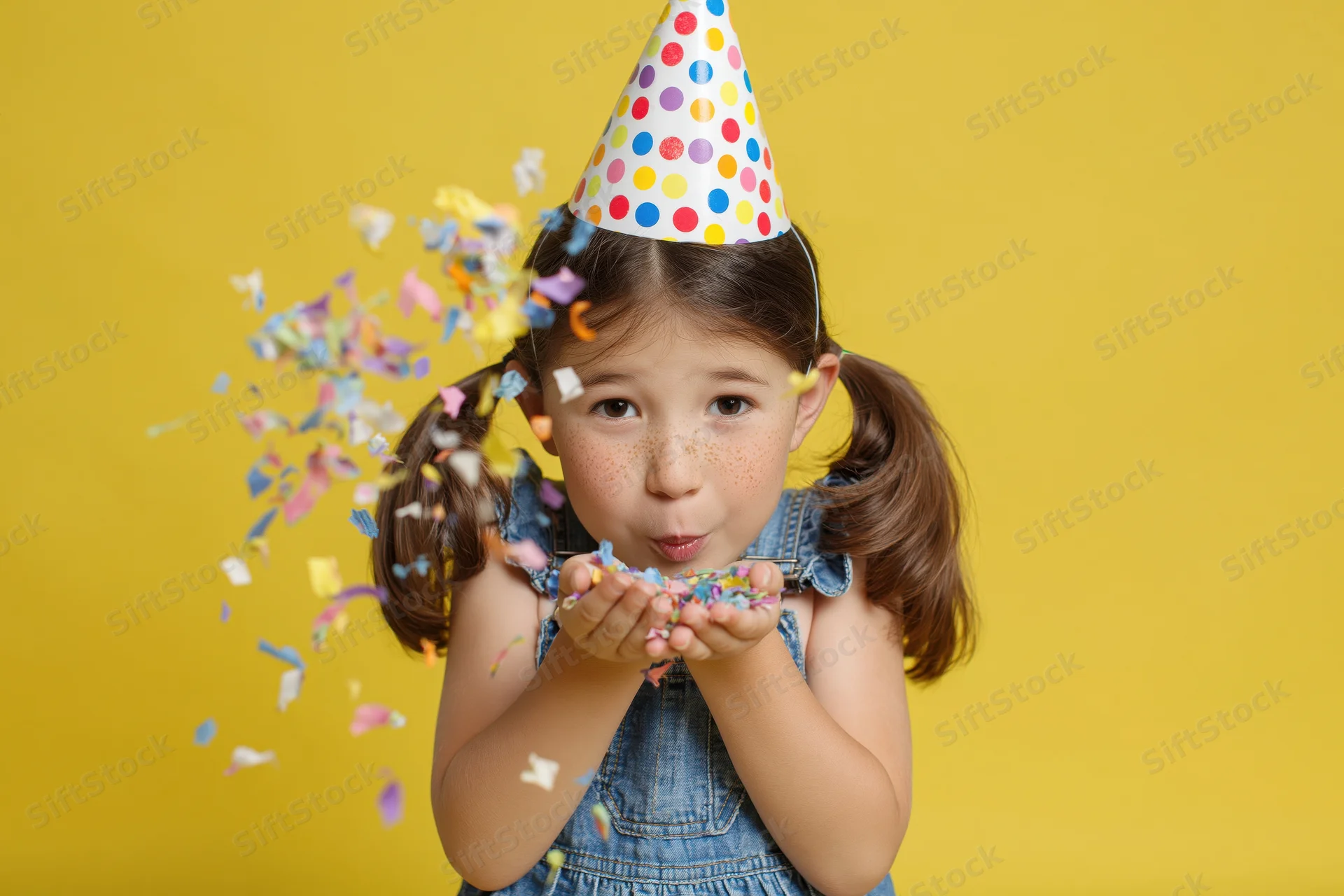 Young girl blowing confetti from her hands while wearing a polka-dot party hat against a yellow background