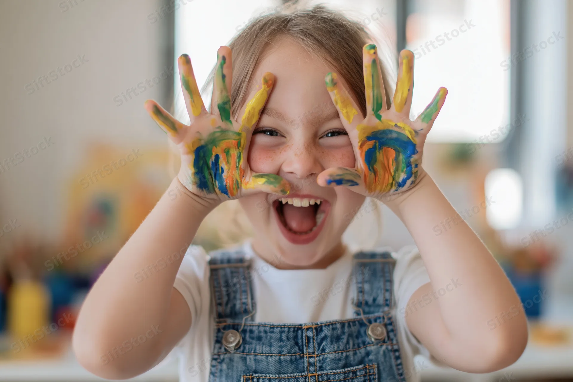 Young girl laughing with paint-covered palms held up close to her face indoors