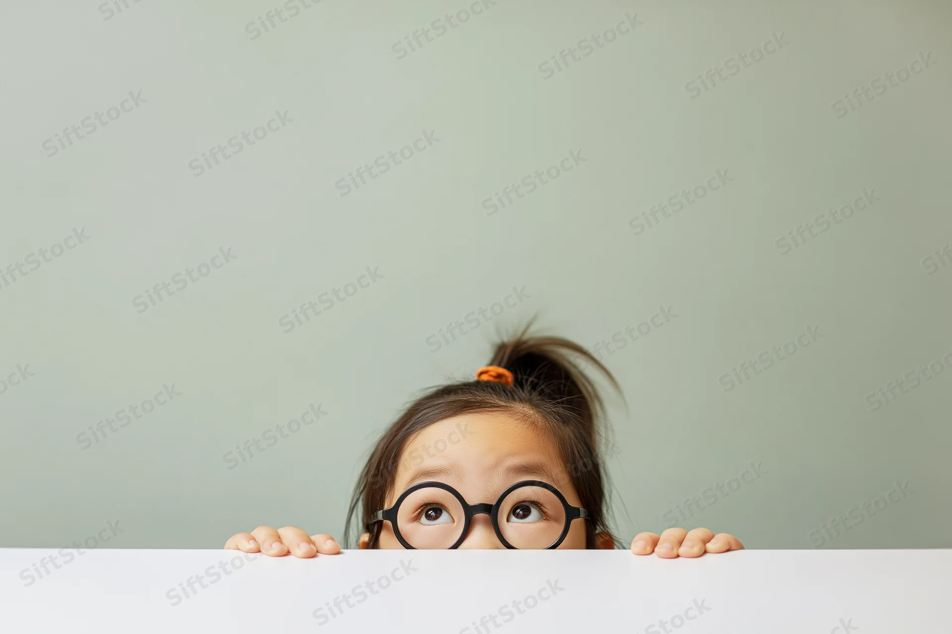 Young girl peeking over white tabletop with round glasses and curious eyes