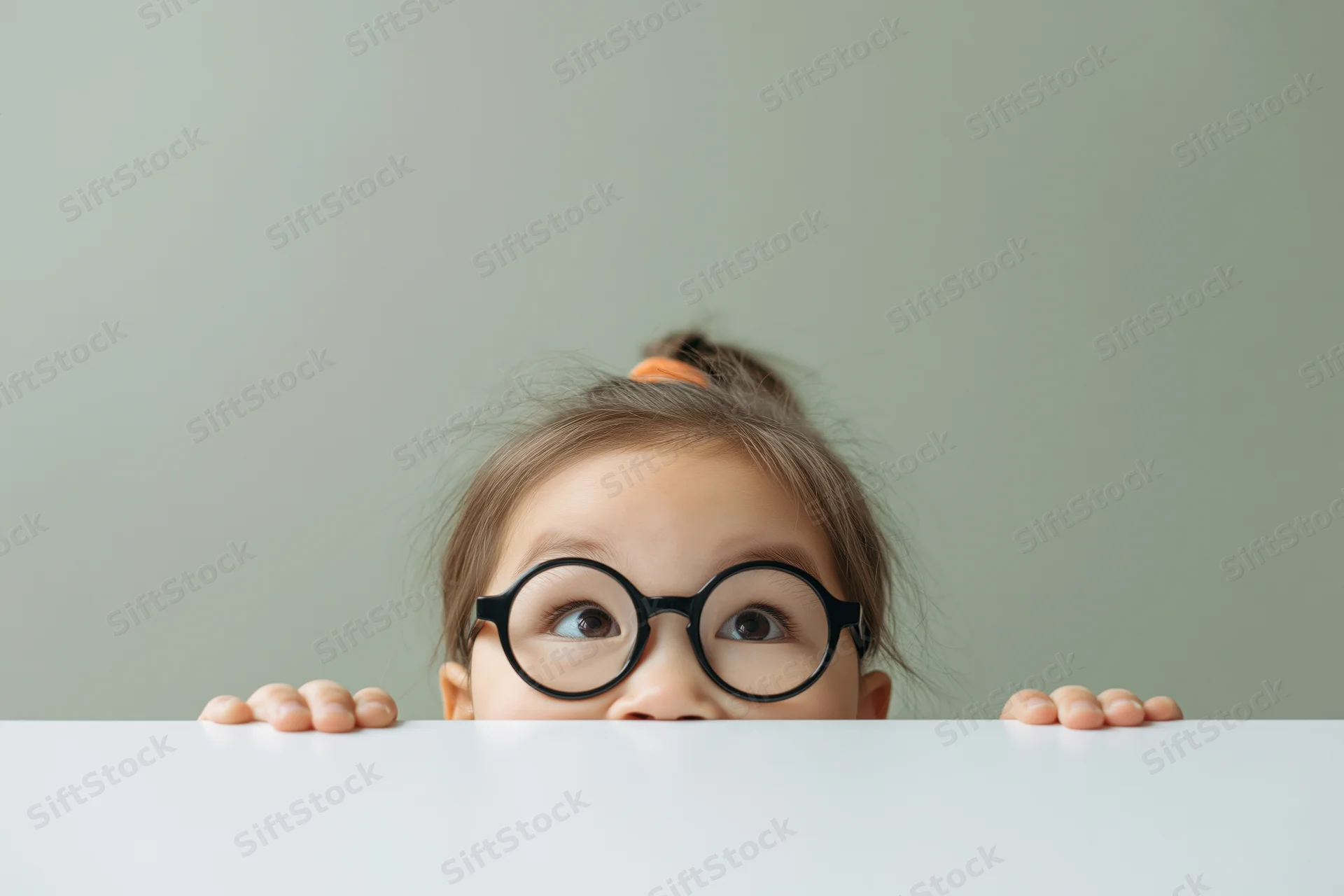 Young girl peeking over white tabletop with round glasses and curious expression