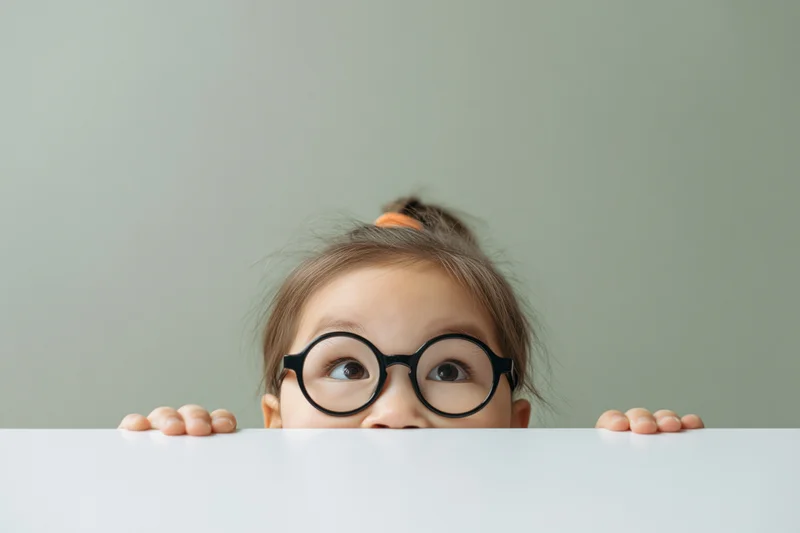 Young girl peeking over white tabletop with round glasses and curious expression