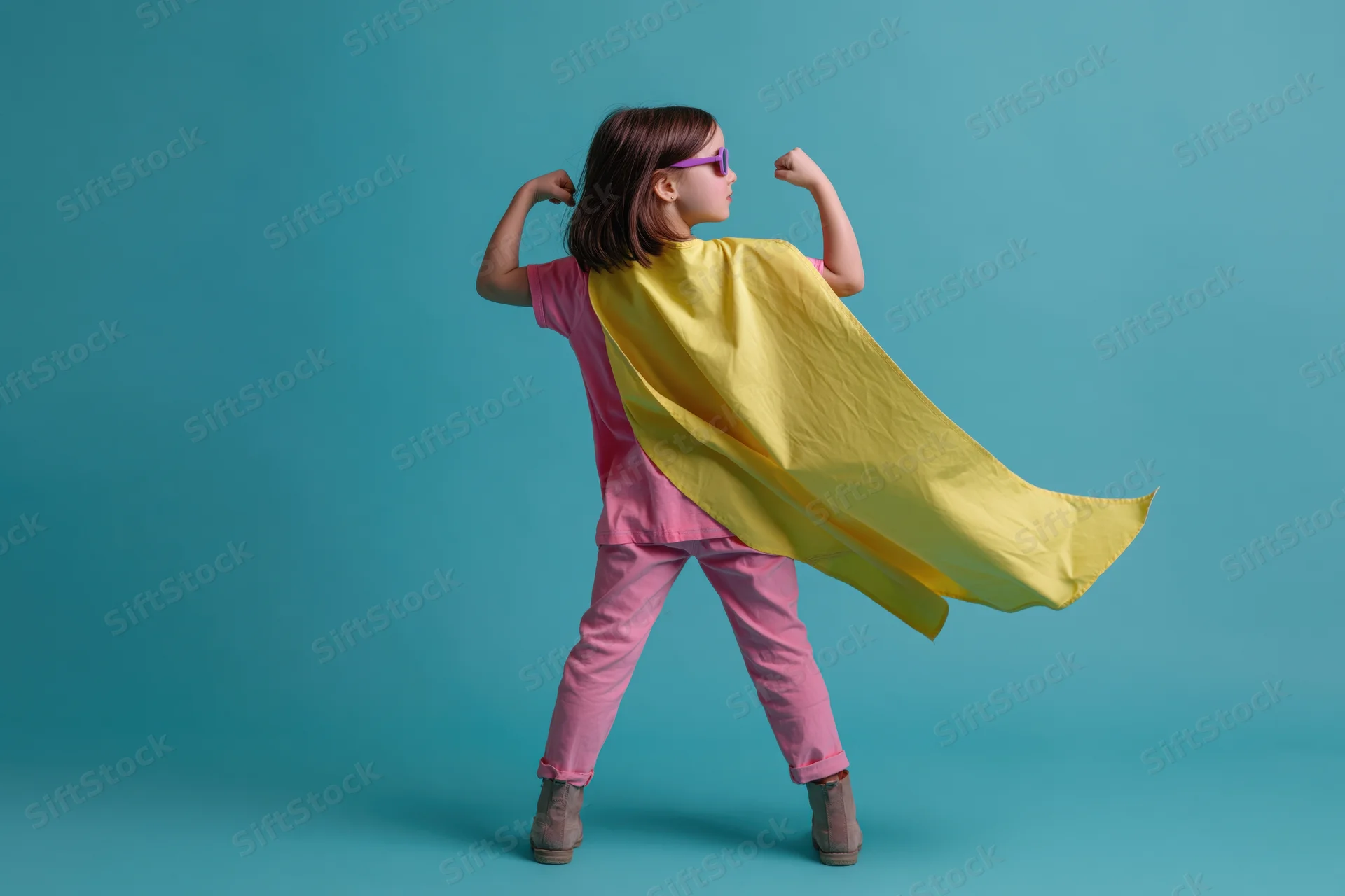 Young girl in superhero costume flexing arms with cape flowing against blue background