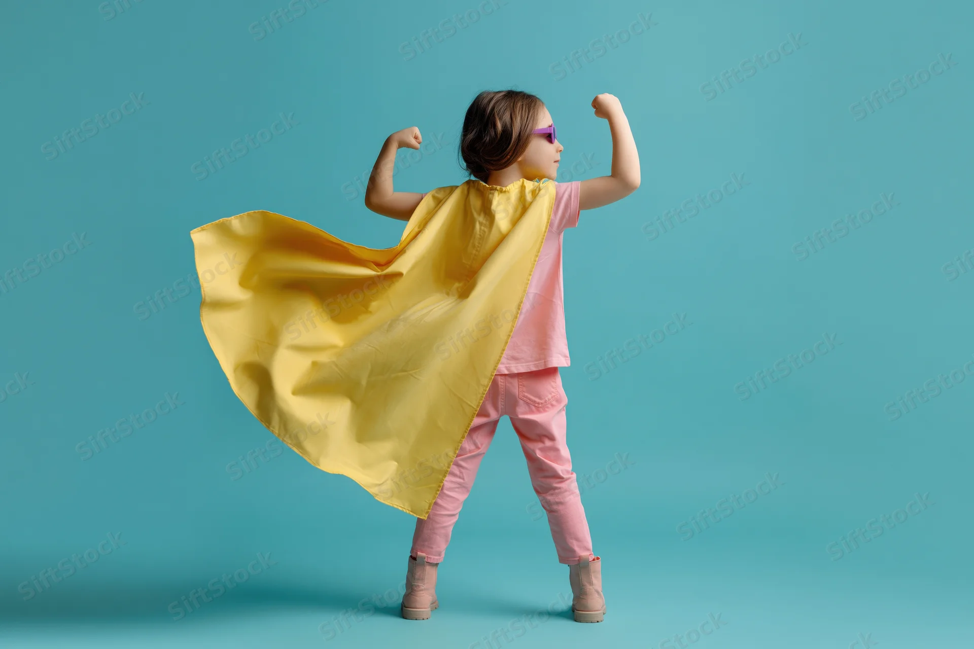 Young girl in superhero costume flexing arms with yellow cape flowing against blue background