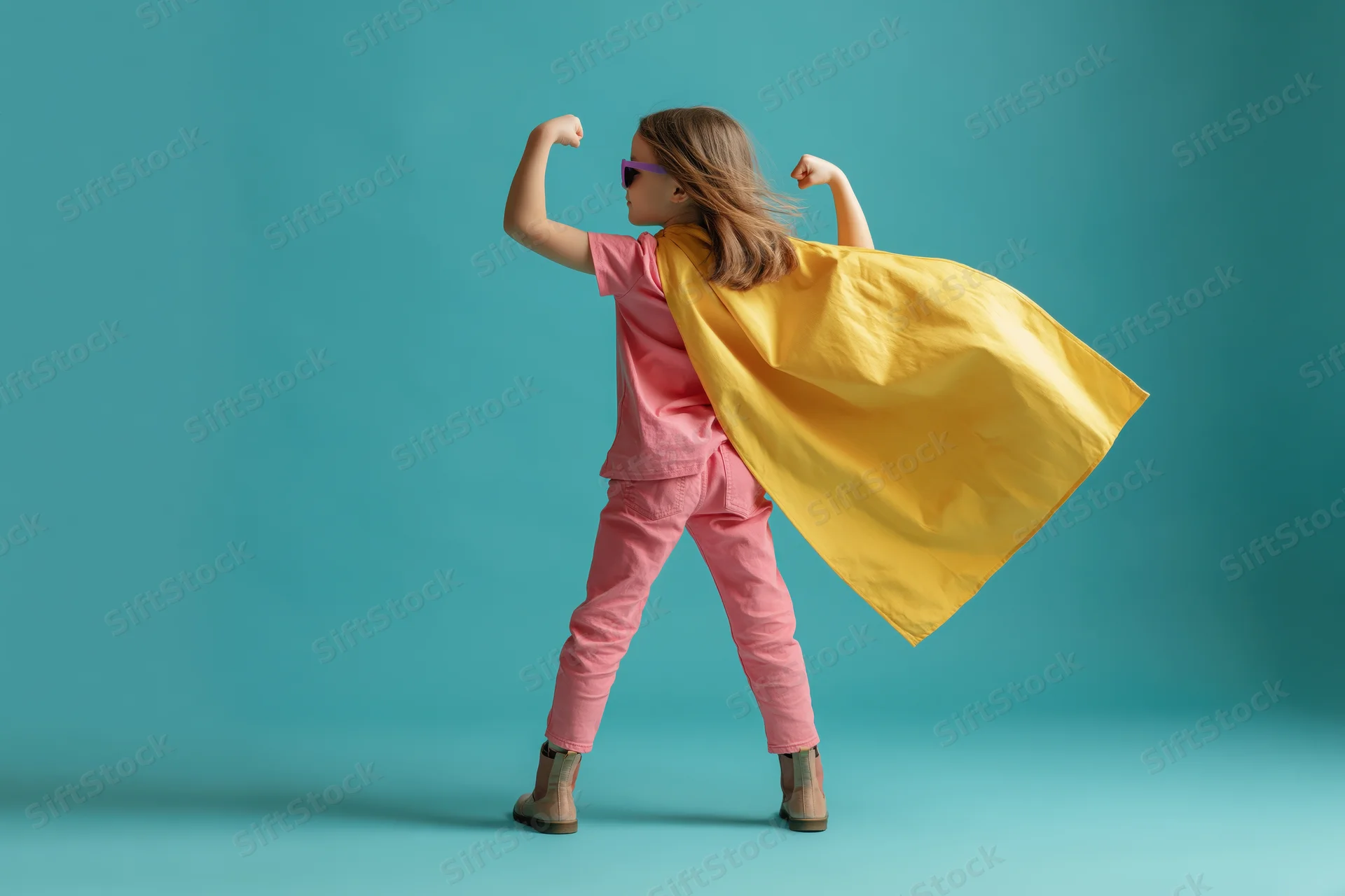 Young girl in superhero costume flexing arms with yellow cape flowing in wind against blue background