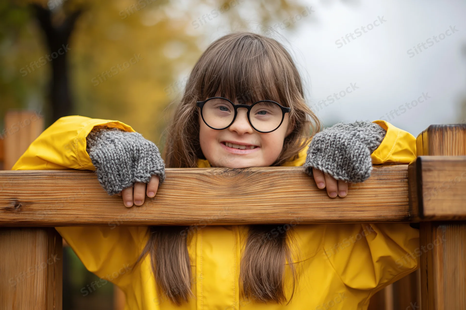 Young girl with down syndrome smiling while climbing on wooden fence in autumn park