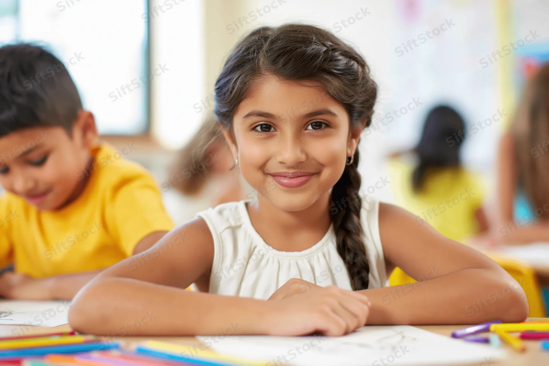 Young girl smiling at camera while drawing at her desk in a classroom
