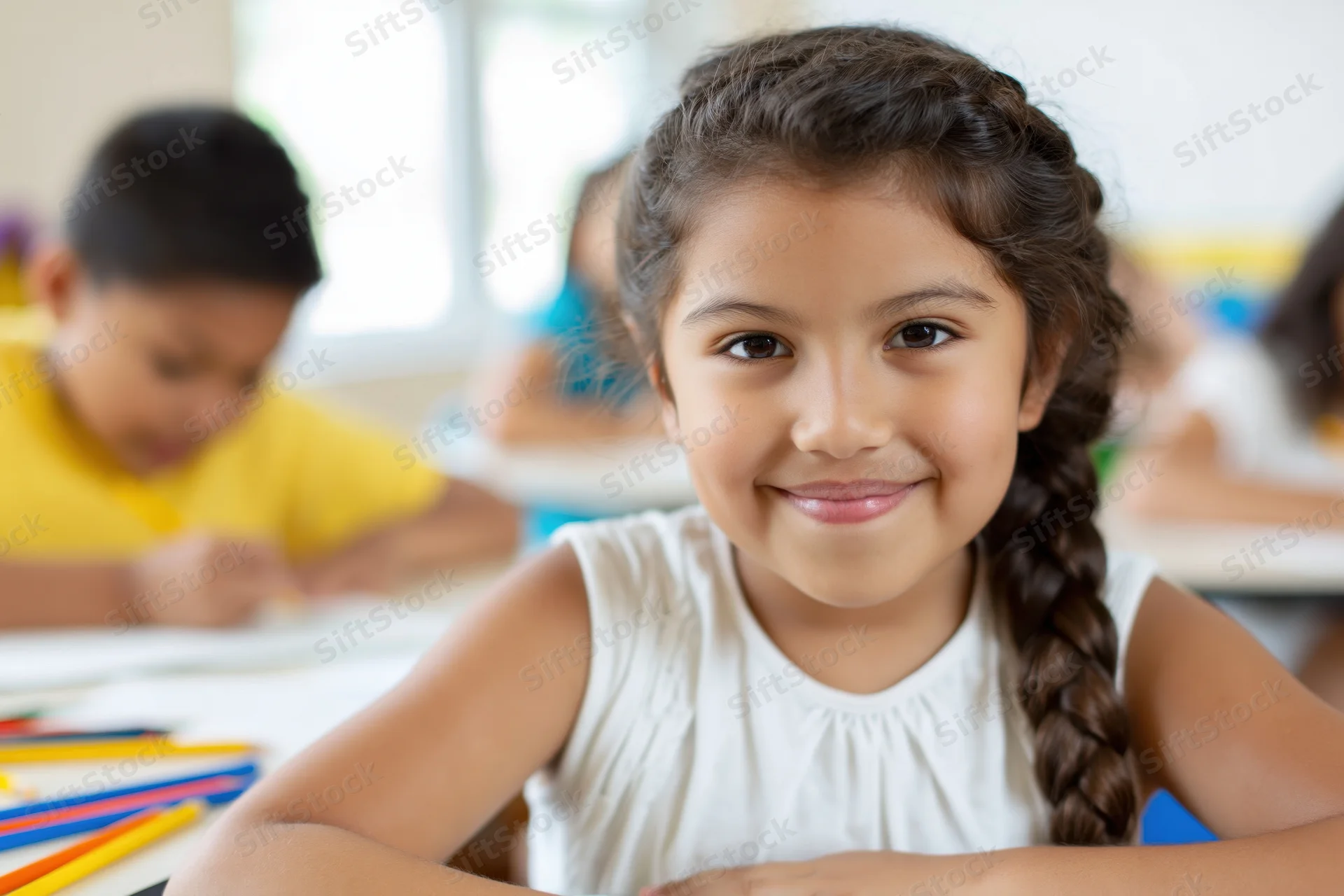 Young girl with braided dark hair smiling at camera while sitting at desk in classroom with peers drawing nearby
