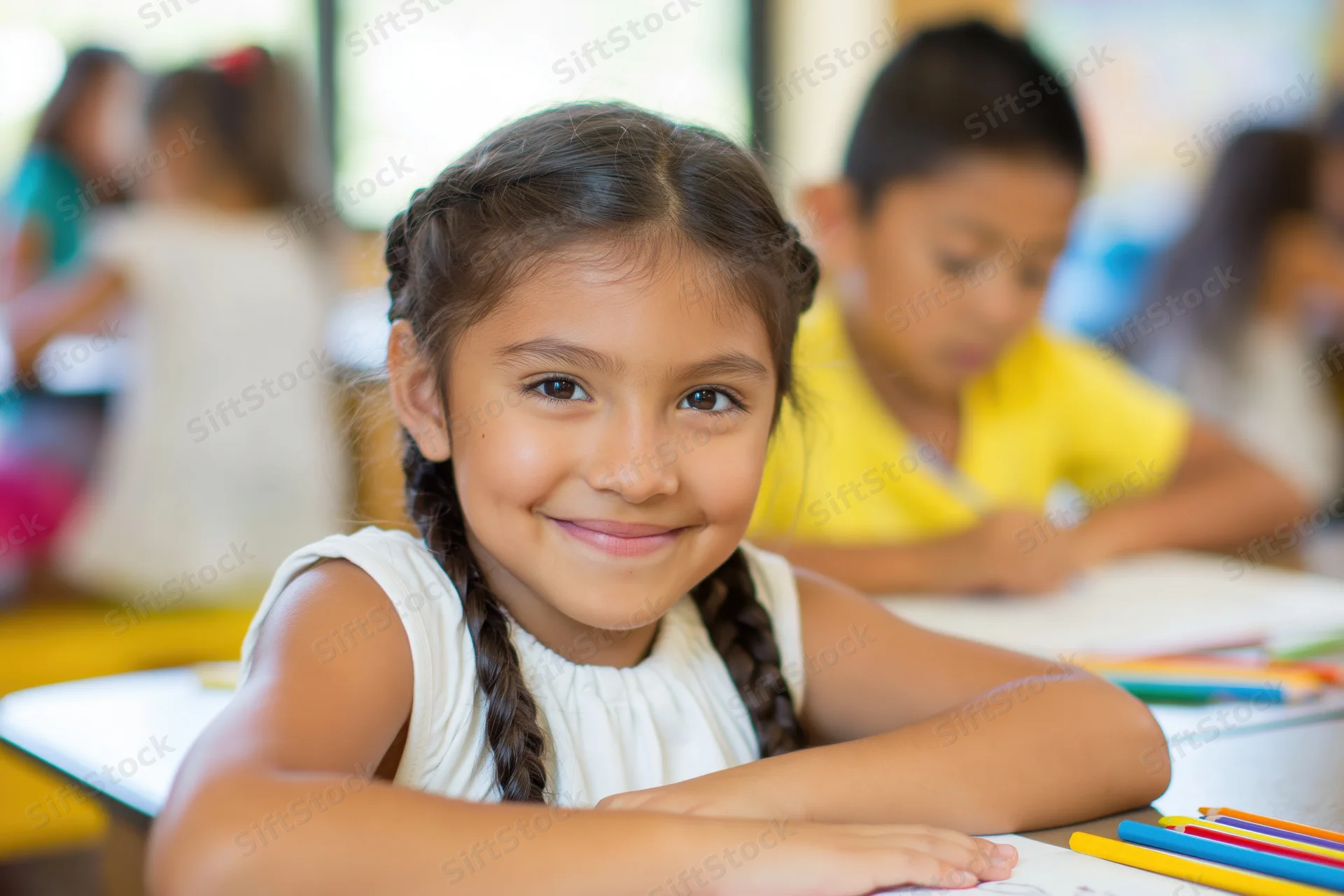 Young girl with braided dark hair smiling at camera while drawing at her desk in a classroom