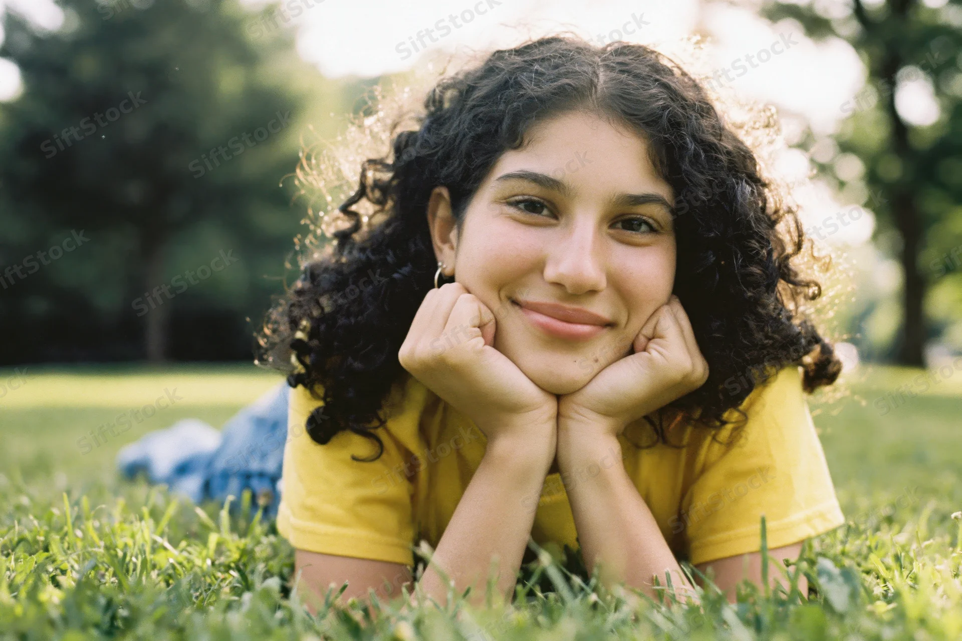 Young woman with curly dark hair lying on stomach in grass, smiling with hands under chin