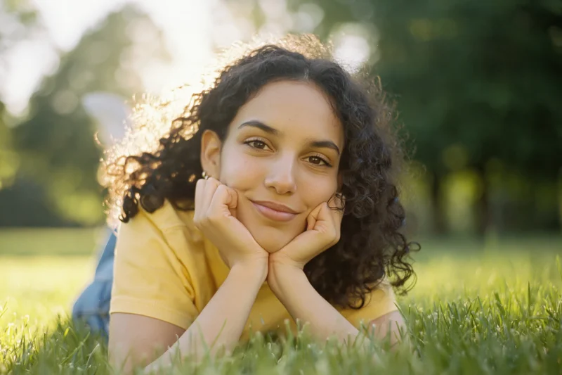 Young woman with curly dark hair lying on grass, smiling with hands under chin in a sunlit park