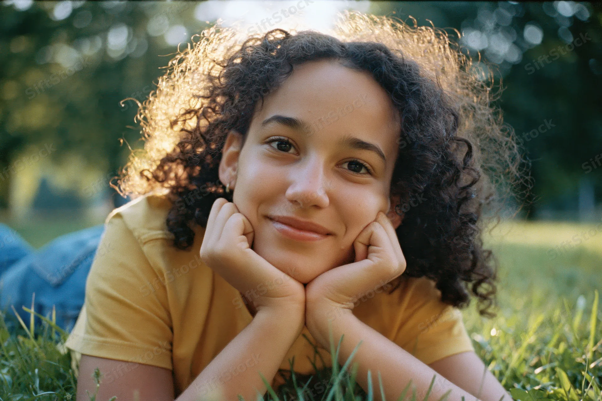 Young girl with curly dark hair lying on stomach in grass, smiling with hands under chin, outdoor park setting