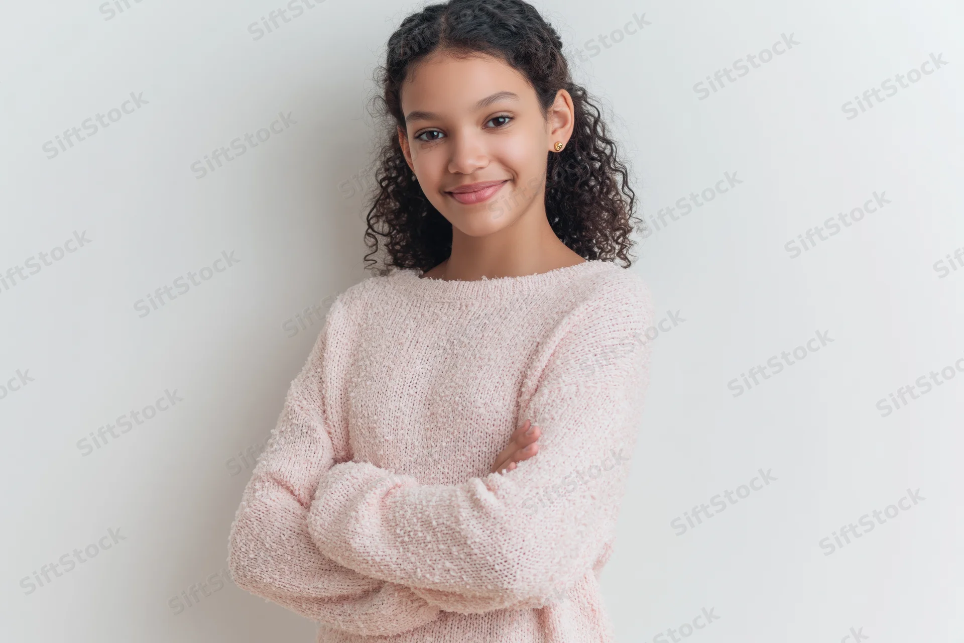 Young girl with curly dark hair smiling at the camera arms crossed in pink knit sweater against white background