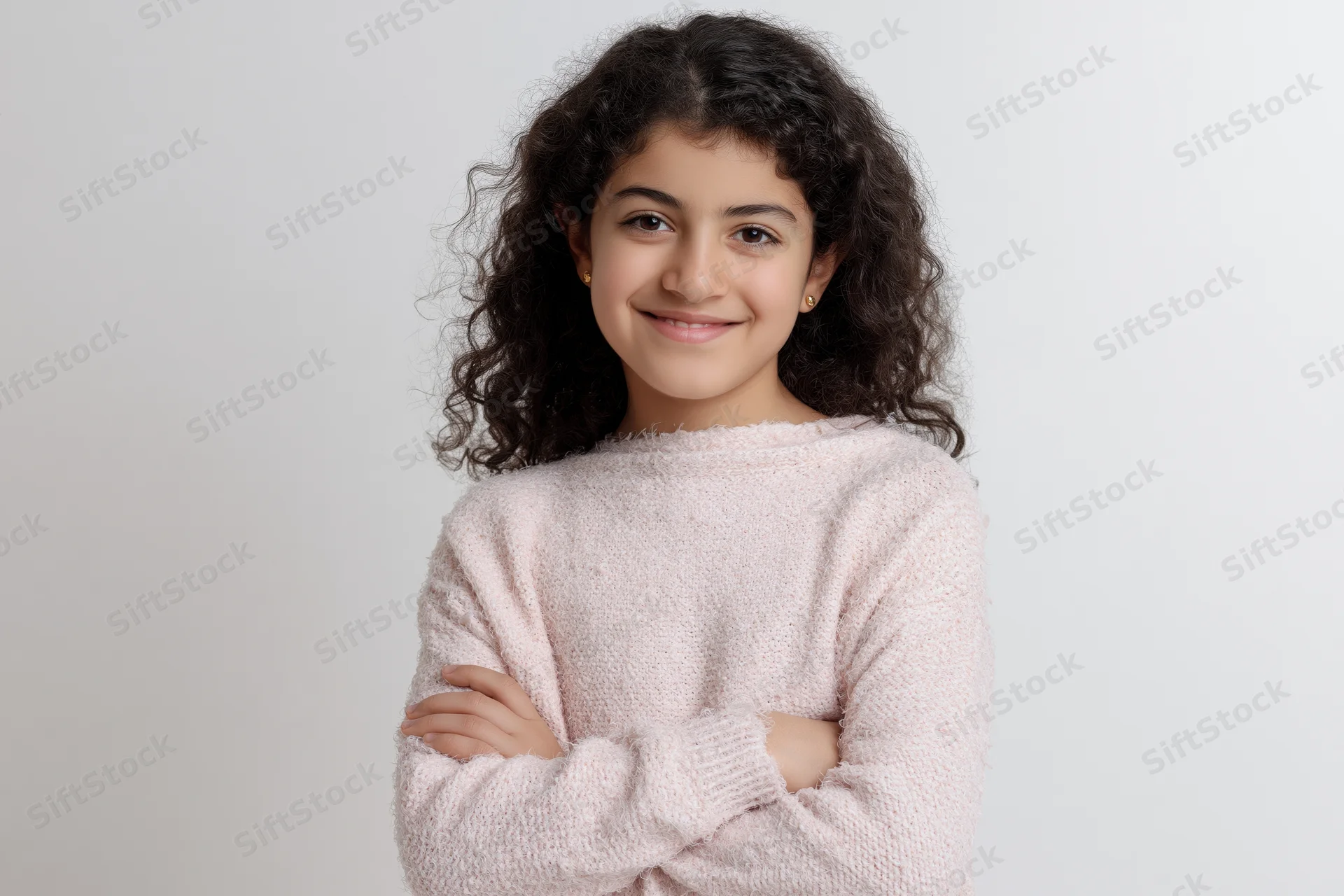 Young girl with curly dark hair smiling at the camera arms crossed in a pink sweater against white background