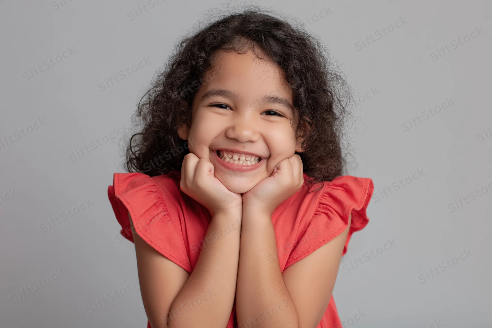 Young girl smiling widely with hands cupping her cheeks in a studio portrait