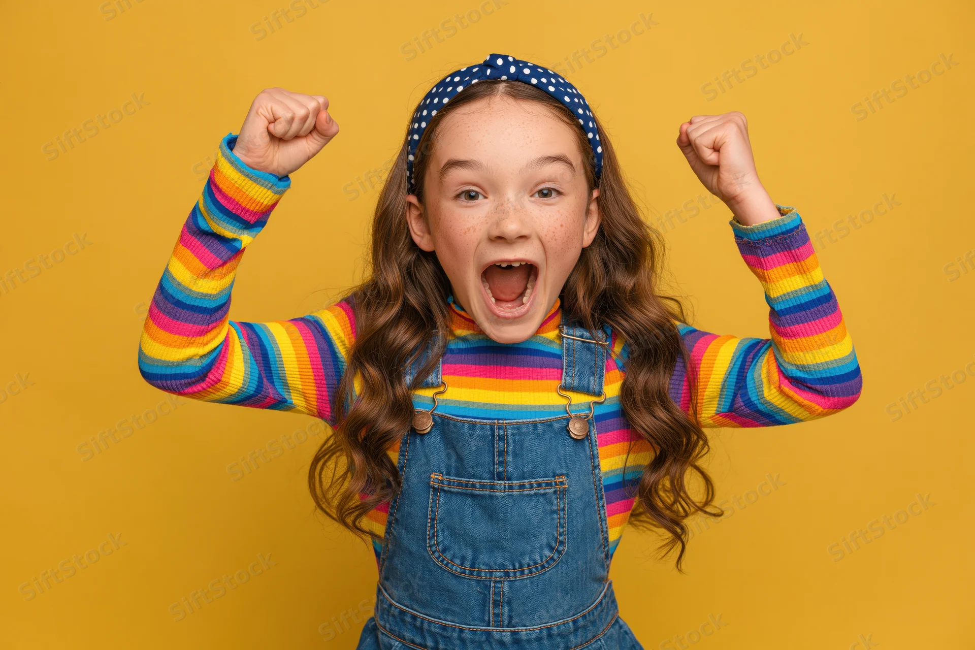 Young girl cheering with raised fists against yellow background