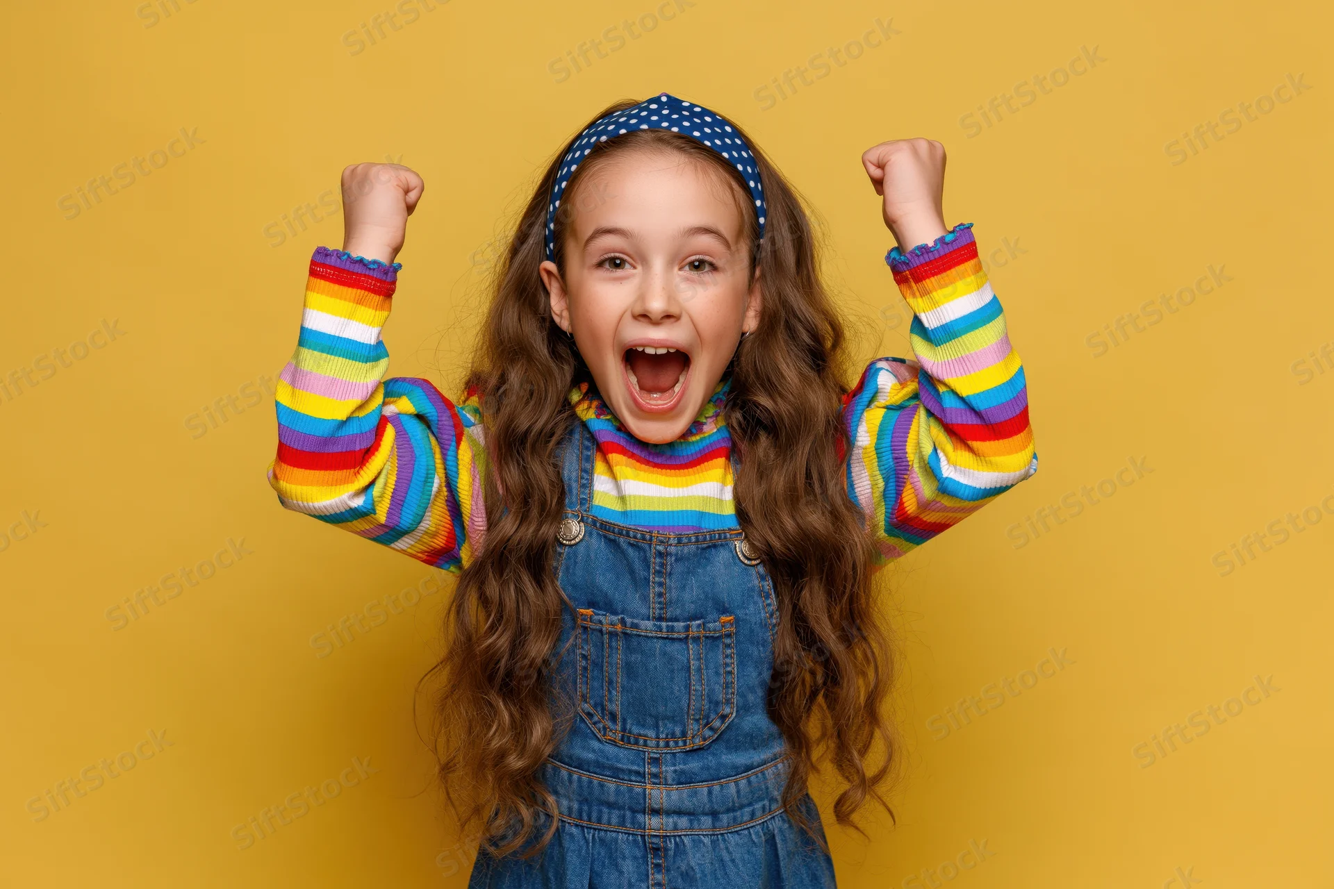 Young girl cheering with raised fists against yellow background