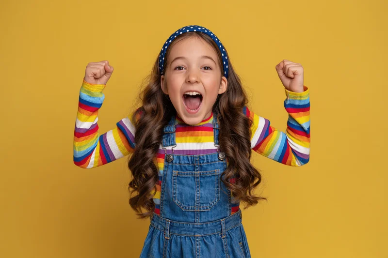 Young girl cheering with raised fists in rainbow sweater and denim overalls against yellow background