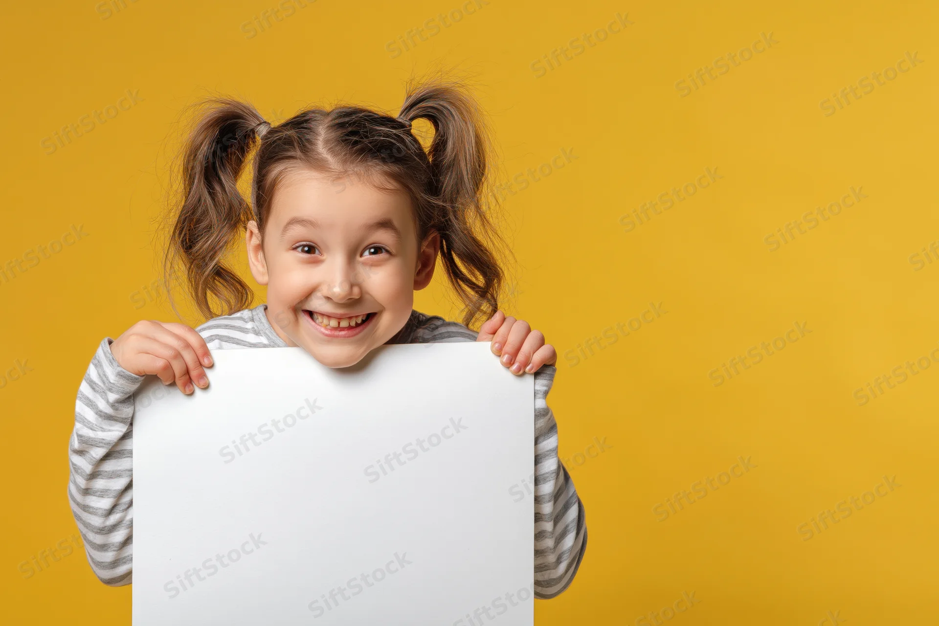 Young girl smiling and peeking over a blank white sign against yellow background