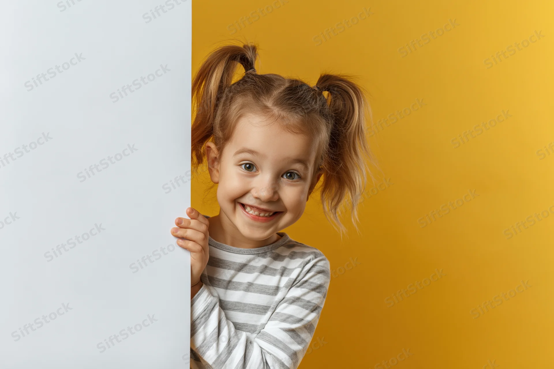 Young girl with pigtails peeking from behind white board against yellow background