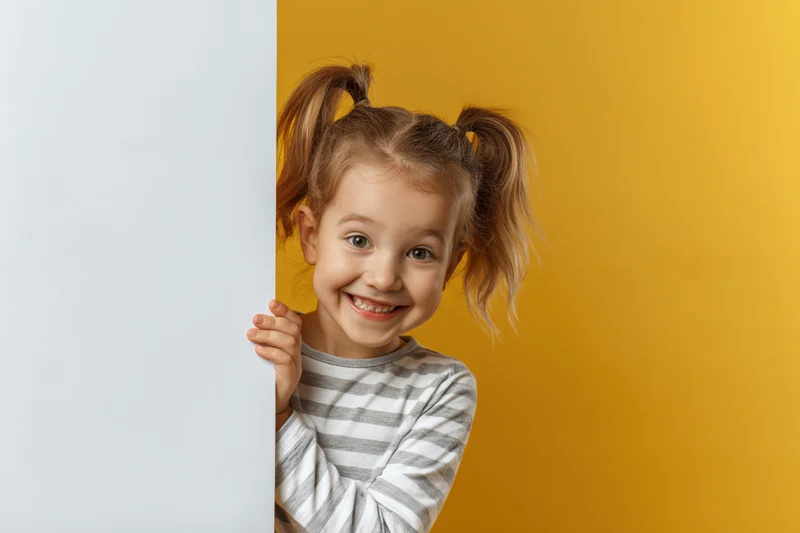 Young girl with pigtails peeking from behind white board against yellow background