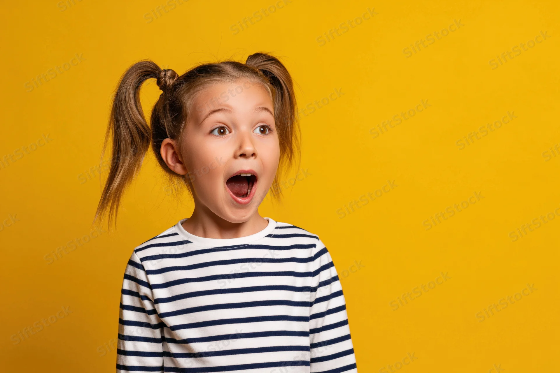 Young girl with two high pigtails showing surprised expression in striped shirt against yellow background