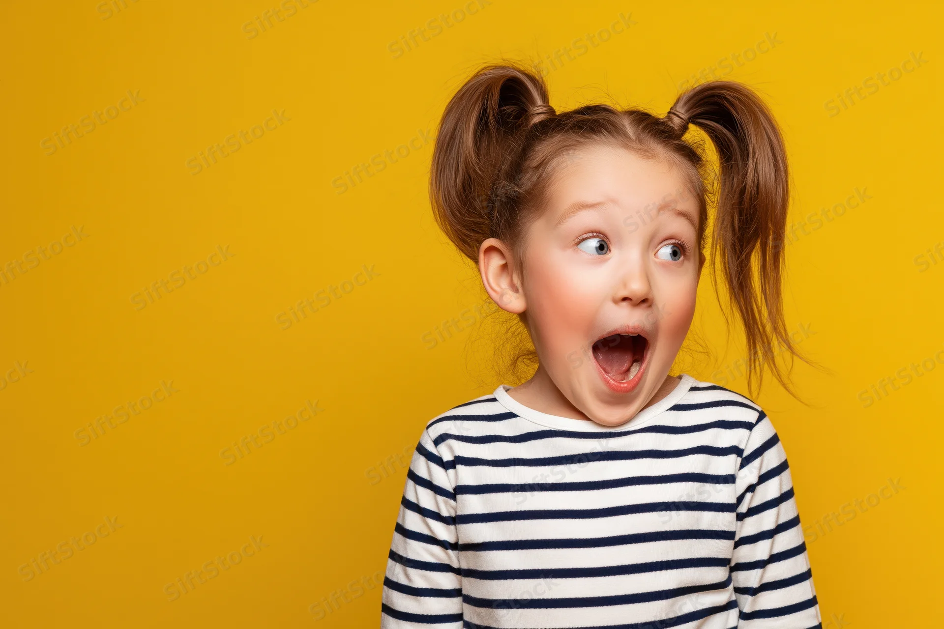 Young girl with two high pigtails showing surprised expression against yellow background
