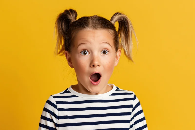 Young girl with two high pigtails showing surprised expression against yellow background