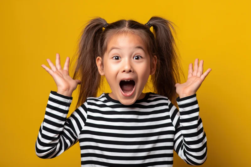 Young girl with high ponytails and striped shirt showing excited expression with hands raised against yellow background