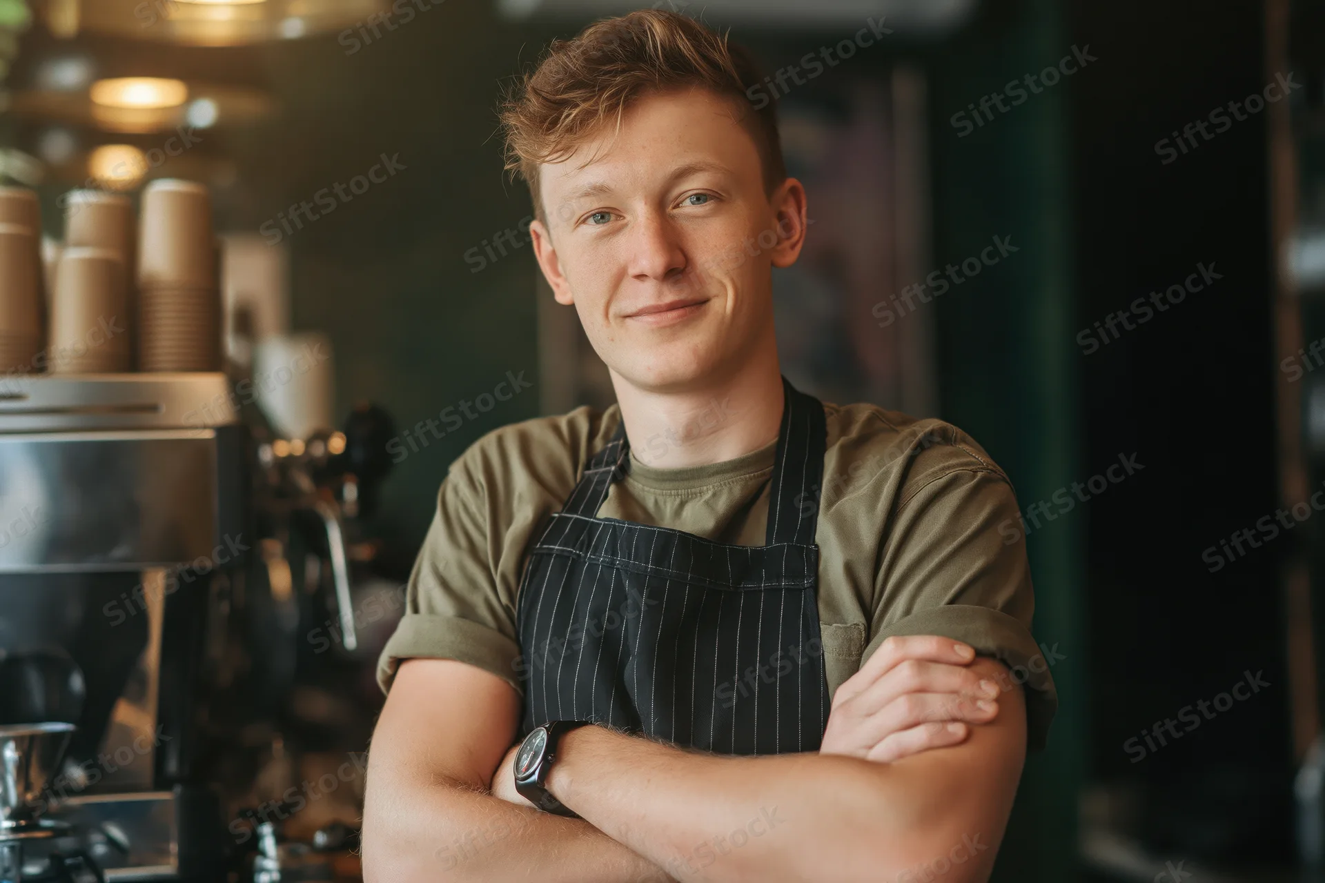 Young male barista standing behind coffee shop counter with arms crossed, smiling at camera