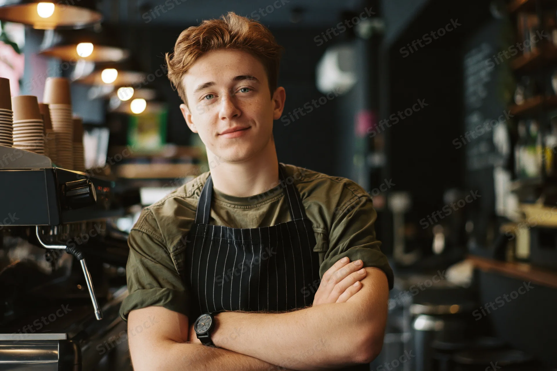 Young male barista standing behind counter with arms crossed in coffee shop interior